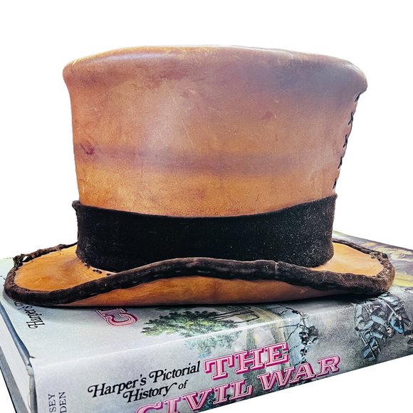 Vintage Handstitched Tan Leather Top Hat with Velvet Trim, Unique Steampunk - Picture 3 of 7
